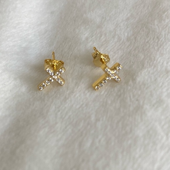 Cross Stud Gold and Diamond earrings 925 Sterling Silver New - Picture 4 of 6